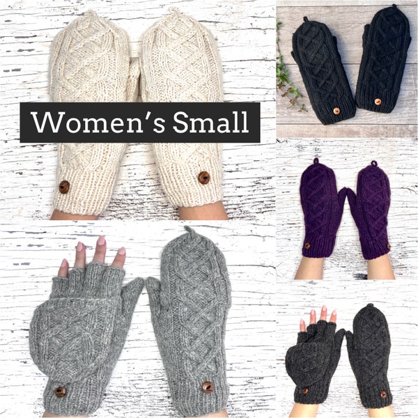 WOMEN'S SMALL Knit Alpaca Wool Convertible Mitten Glitten Flip Fingerless Texting Gloves Fleece Lined Graduation Birthday Gift