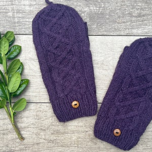 Hand Knit Alpaca Convertible Cable Flip Glitten Mitten Glove Purple Plum Fingerless Texting Fleece Lined Women Graduation Birthday Gift