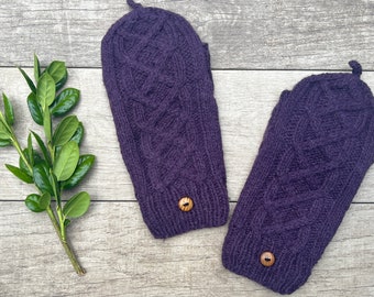 Hand Knit Alpaca Convertible Cable Flip Glitten Mitten Glove Purple Plum Fingerless Texting Fleece Lined Women Graduation Birthday Gift