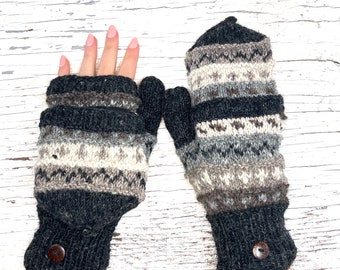 Knit Wool Convertible Flip Top Mitten Fingerless Glove Gray Glittens Texting Fleece Lined Women Winter Graduation Birthday Gift