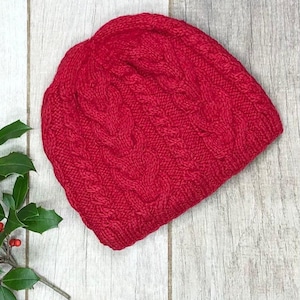 Handmade Knit Alpaca Red Cable Ski Hat Knitted Beanie Fleece Lined for Winter Warm Womens Birthday Gift Christmas
