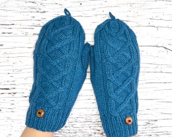 Hand Knit Alpaca Wool Turquoise Convertible Cable Flip Mitten Fingerless Glove Glittens Texting Fleece Lined Women Graduation Mothers Day