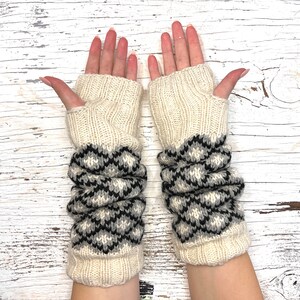Hand Knit Alpaca Wool Fingerless Long Fleece Lined Gloves Cream Pattern Texting Hand Warmers Ladies Women Mothers Day Graduation image 4