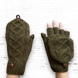 Knit Alpaca Wool Convertible Mitten Olive Khaki Army Green Cable Flip Cover Fingerless Texting Gloves Fleece Lined Women Christmas Birthday