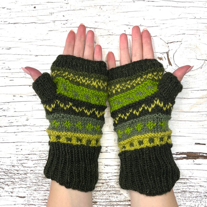 Hand Knit Green Stripe Fingerless Gloves Wool Texting Mittens Fleece Lined Winter Womens Ladies Teen Birthday Graduation Mothers Day Gift image 6