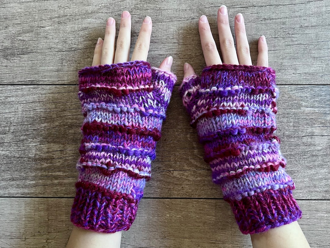 Hand Knit Purple Stripe Fingerless Gloves Repurposed Silk Wool Texting Mittens Fleece Lined