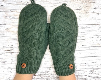 Knit Alpaca Wool Convertible Green Cable Flip Top Cover Fingerless Texting Gloves Fleece Lined Winter Women Ladies Graduation Birthday Gift