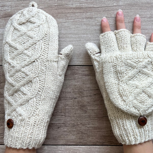 Hand Knit Alpaca Wool Cream White Convertible Cable Flip Mitten Fingerless Glove Texting Fleece Lined Women Birthday Graduation Mothers Day