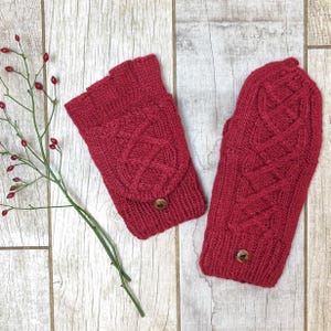 Handgemaakte gebreide rode alpacawol converteerbare kabel flip glitten want vingerloze handschoen fleece gevoerde vrouwen kerst verjaardagscadeau