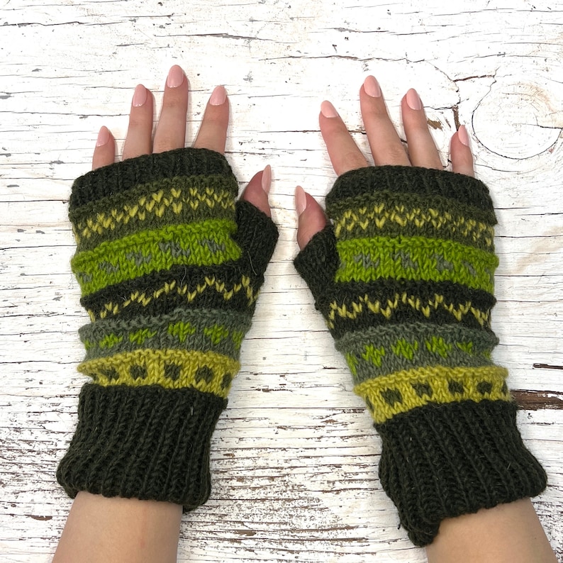 Hand Knit Green Stripe Fingerless Gloves Wool Texting Mittens Fleece Lined Winter Womens Ladies Teen Birthday Graduation Mothers Day Gift image 1