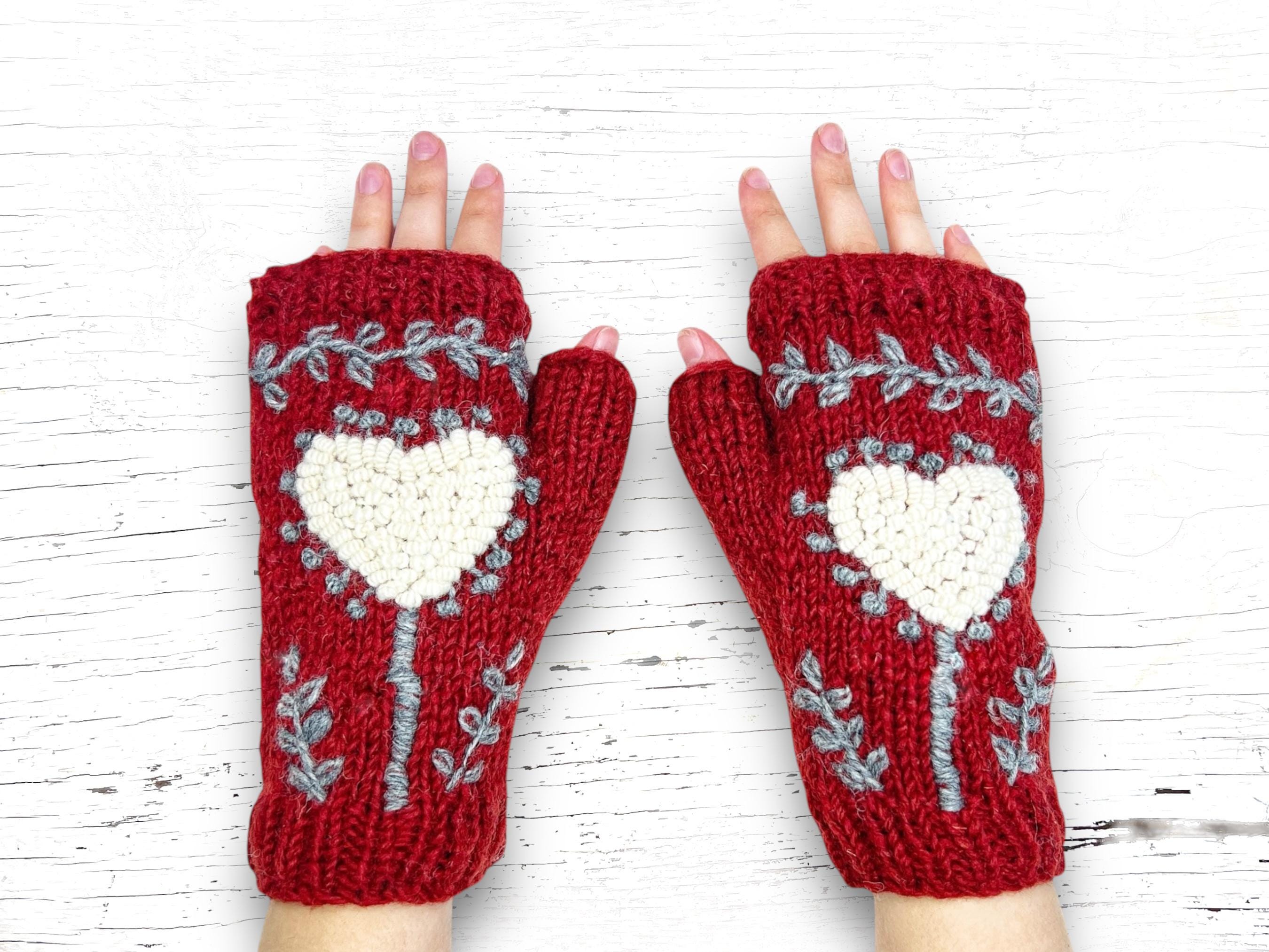 Hand Knit Terracotta Rust Heart Embroidered Fingerless Gloves Brick Wool Texting Mittens Fleece Lined Winter Women's Birthday Christmas Gift