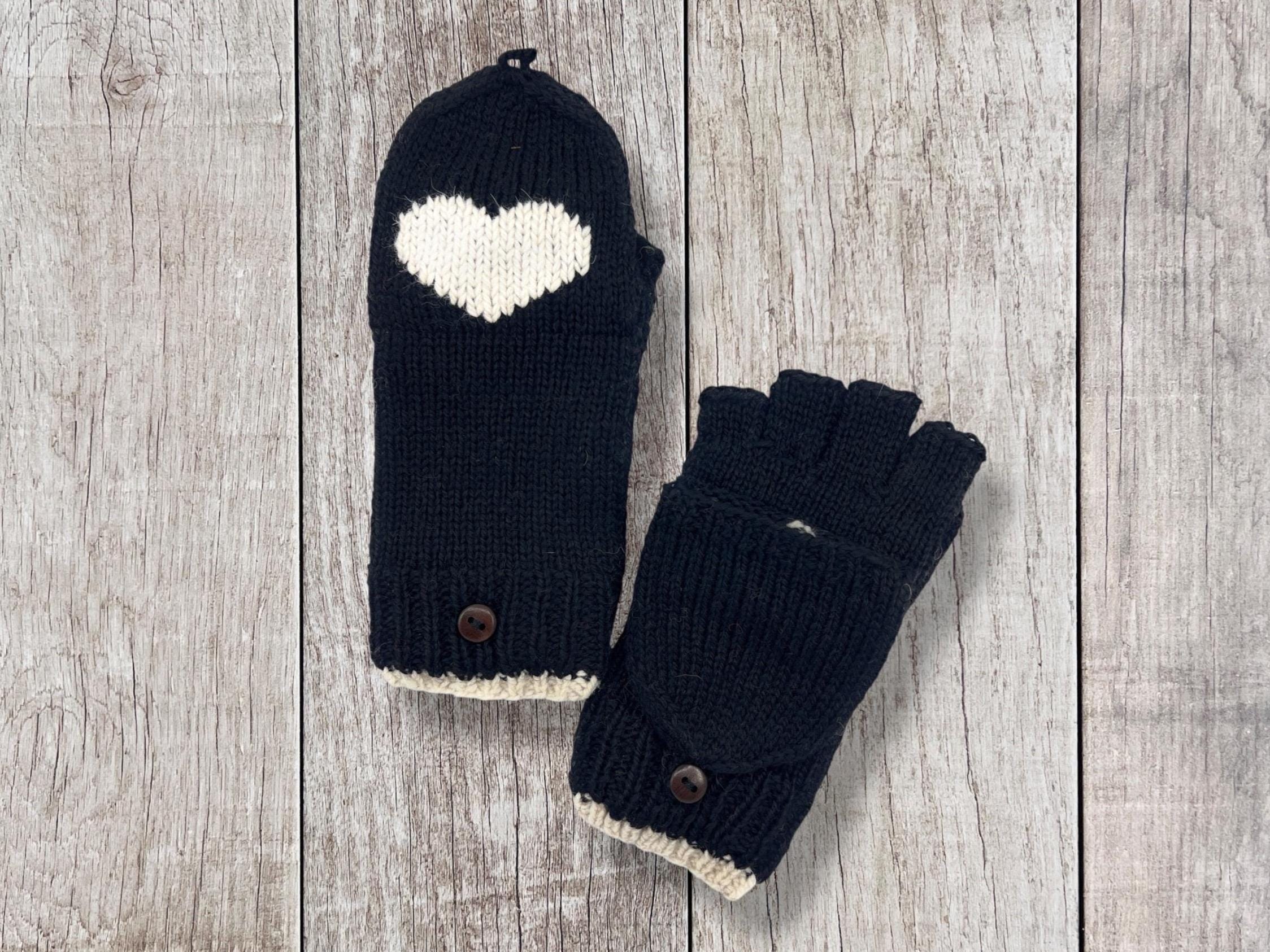 Handmade Knit Alpaca Wool Black Cream Heart Convertible Cable Flip