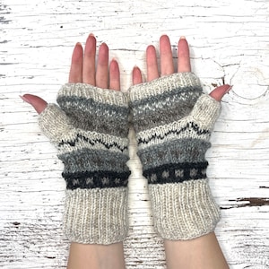 Hand Knit Gray Stripe Fingerless Gloves Wool Texting Mittens Fleece Lined Winter Womens Ladies Teen Girl Birthday Graduation Gift image 6