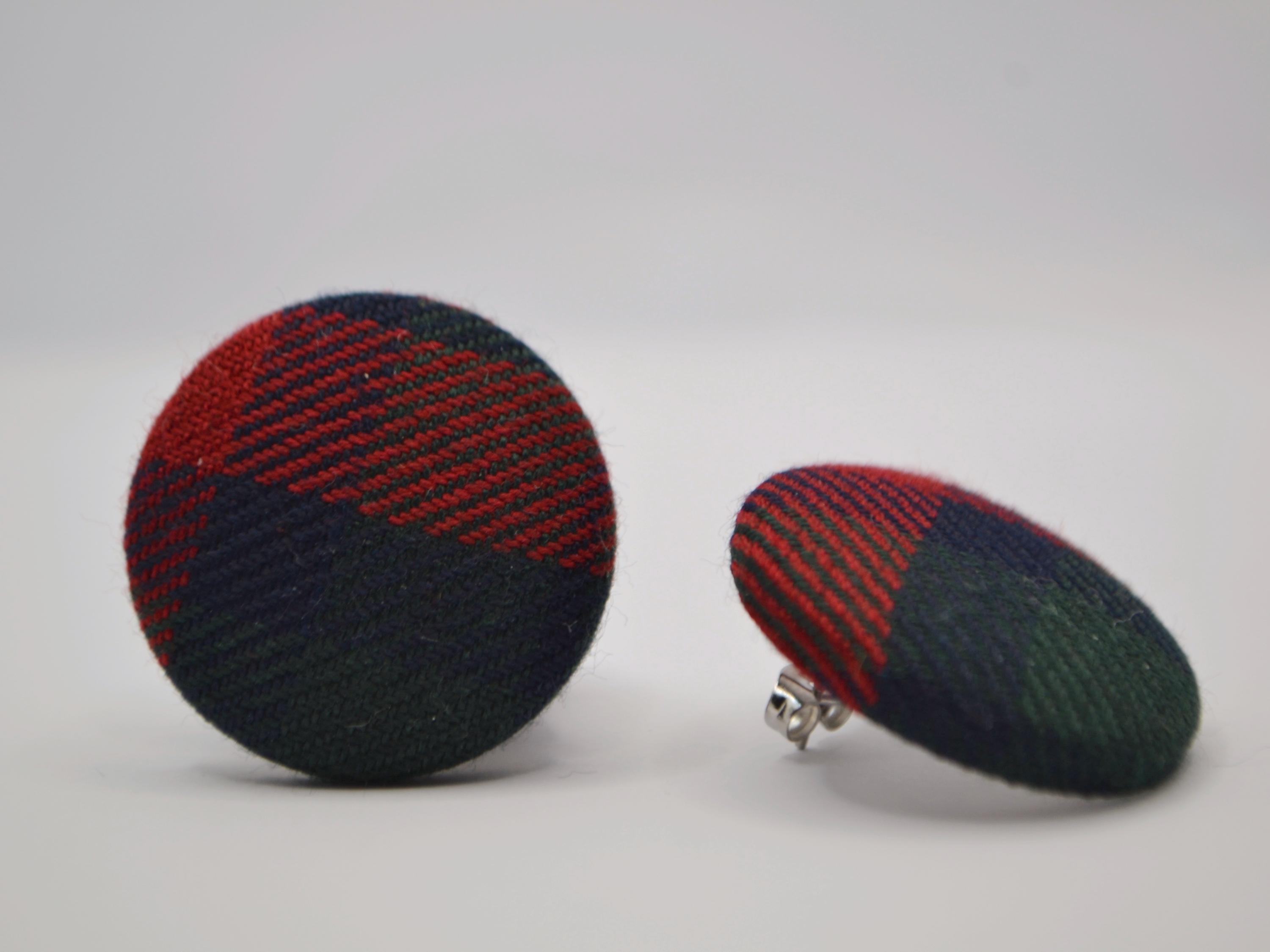 Handmade Tartan Button Earrings: Green and Red Fabric Studs