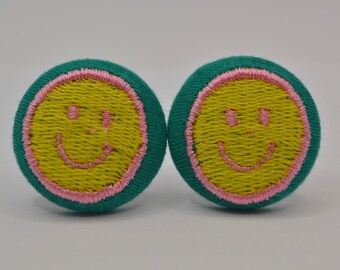 Funky Large Smiley Face Button Earrings | Quirky Statement Jewellery for a Playful Look | Unique | Embroidered Earrings | Eccentric