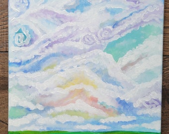Abstract Rainbow Sky Acrylic Painting 11x14, Cloudy Sky Painting, Colorful Sky Painting