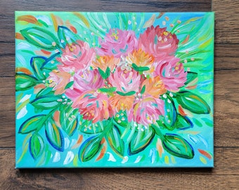 Abstract Flowers Pink, Orange, Red with Leaves and Blue Hues Background, Acrylic Painting 11x14