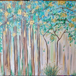 Teal and Gold Abstract Trees 24x18 Canvas