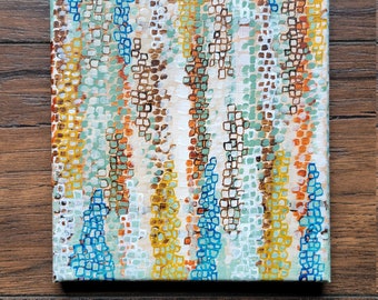 Abstract Squares Acrylic Painting on 8x10 Canvas, Brown, Green, Blue, White, Vertical Squares Painting