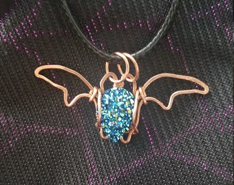 Bat Pendant in Copper with Faux Peacock Druzy