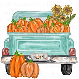 Antique Truck with Pumpkins Turquoise Pumpkin Truck Sublimation PNG Old Truck Digital Download Hand Drawn Art