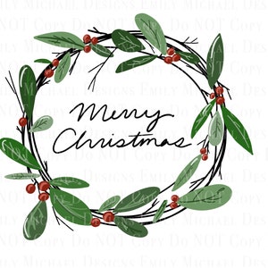Merry Christmas Wreath with Berries Digital Image PNG Wreath Sublimation Christmas PNG Hand Drawn Hand Lettered Holiday Wreath Digital Image