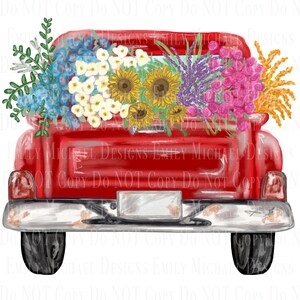 Red Truck with Flowers Antique Truck Sublimation Digital Image Hand drawn Floral Pickup Truck PNG