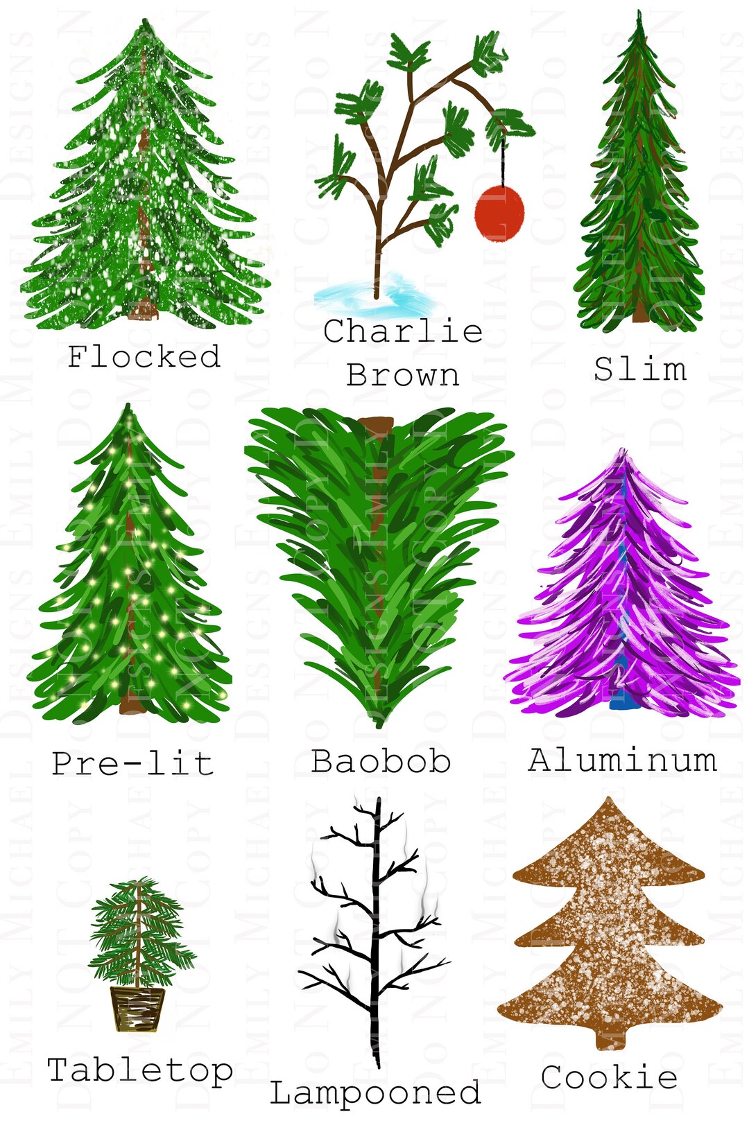 9 Tree Types Christmas Trees Holiday Trees Cute Digital Download