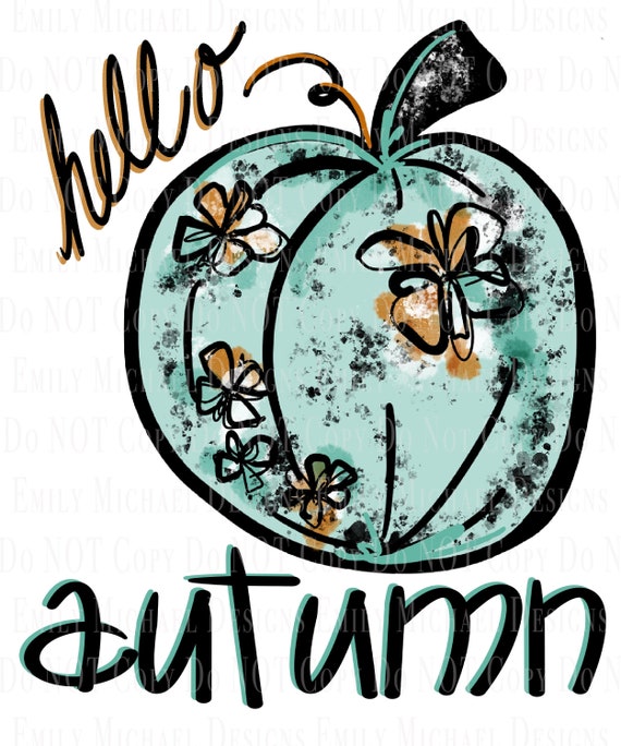 Hello Autumn Digital Download Fall Sublimation Blue Floral Pumpkin Art Digital Image Printable Pumpkin Trendy Fall PNG