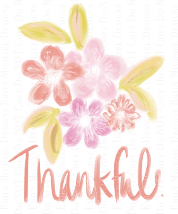 Thankful Digital Art Download PNG Digital Download Spring Floral PNG Peach Pink Flowers Hand Drawn PNG Printable Art Sublimation