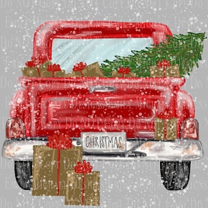 Red Truck with Tree Antique Truck Christmas Sublimation Digital Download Image Hand drawn Holiday Pickup Truck PNG - You Get 2 Files