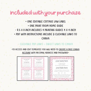 May include: Printable cottage food law label template in pink with a floral design. The template includes a space for your business name, address, phone number, and website. It also includes a disclaimer about homemade food allergens. The template is 8.5 x 11 inches and includes 4 printable guides, 4 x 4 inches.