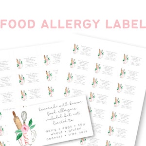Printable Food Allergy Label: Floral 2 x 1 Inch Stickers (Digital Download)