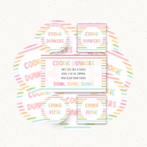 May include: A set of printable party favor tags with a rainbow stripe design. The tags feature the text "Cookie Dunkers" and "Cookie Fettie".