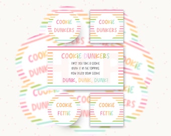 Può includere: Un set di etichette per bomboniere di festa stampabili con un design a righe arcobaleno. Le etichette presentano il testo "Cookie Dunkers" e "Cookie Fettie".