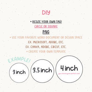 Pu&ograve; includere: Una guida al design fai-da-te con testo rosa e nero, comprese le istruzioni per ridimensionare i tag. L'immagine mostra tre esempi di cerchi, 7.6, 8.9 e 10.2 cm di diametro, con il testo "you choose your perfect size!"