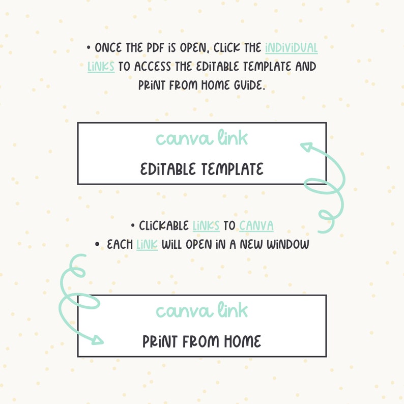 May include: A white background with black text and a light blue design. The text says "ONCE THE PDF IS OPEN, CLICK THE INDIVIDUAL LINKS TO ACCESS THE EDITABLE TEMPLATE AND PRINT FROM HOME GUIDE." There are two boxes with the text "canva link" and the words "EDITABLE TEMPLATE" and "PRINT FROM HOME" below the text.