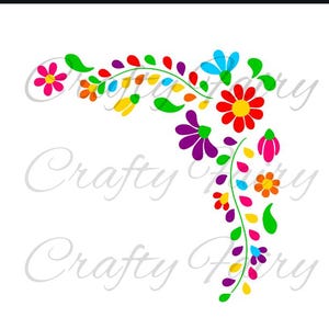 May include: A colorful floral design with a vine and flowers in shades of pink, red, yellow, green, blue, and purple. The design is in the shape of a corner.