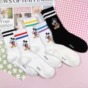 5PK Set, Disney Friends Mickey Minnie, Women Men Unisex Crew Socks w/ Gift Pouch