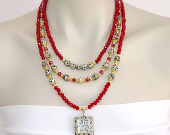 Red Crystal and Dalmatian Jasper Beaded Handmade Necklace | Multi-Layer Natural Stone