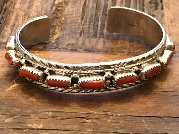 Vintage Native American Coral Sterling Silver Bracelet Marked With