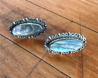 Vintage Mexico TAXCO STERLING Silver Abalone Oval Screw-On Earrings