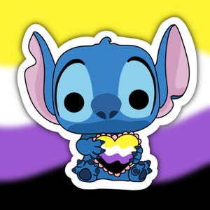 May include: A sticker featuring the blue character Stitch holding a heart-shaped object with yellow, white, purple, and black horizontal stripes. The background consists of a non-binary pride flag with yellow, white, purple, and black horizontal bands.