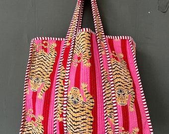 Rosa tigre impresión hermoso bolso bloque impresión Kantha bolso bloque impresión bolso de mano acolchado bolso de mano acolchado trabajo mejor para el regalo de las mujeres