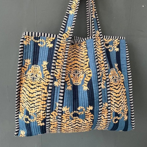 Sac fourre-tout indien en coton fait main imprimé tigre femmes marché sac à provisions tenue de plage sac de rangement sac de voyage sac d'été