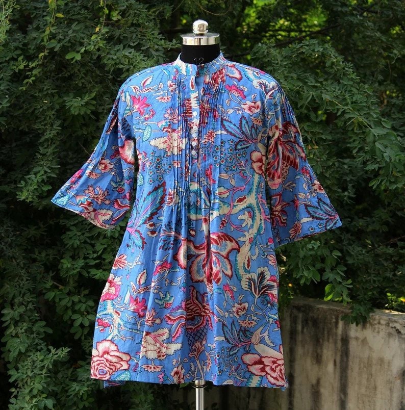 block printed Kurtis Cotton handmade top hand block print designer puffy sleeve shirt,Button Kurti blue floral print Dress