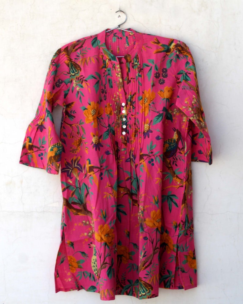 Pink Handmade Block Print Girl/'s Tunic Top Colorful Bohemian Dress Indian Cotton Bird Design Kurti Hippie Summer Dress Women/'s Boho Top