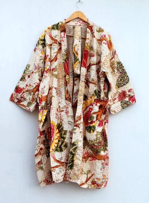 Cotton Women Wear Kantha Kimono bathrobe Fruit Print Long | Etsy