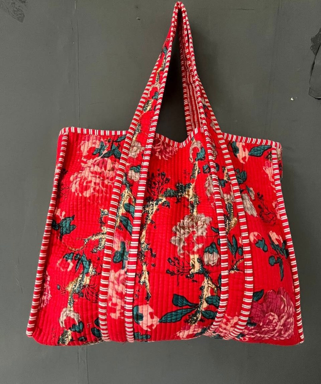 Red Quilted Tote Bag Pure Cotton Kantha Bag Block Print Bag for ...