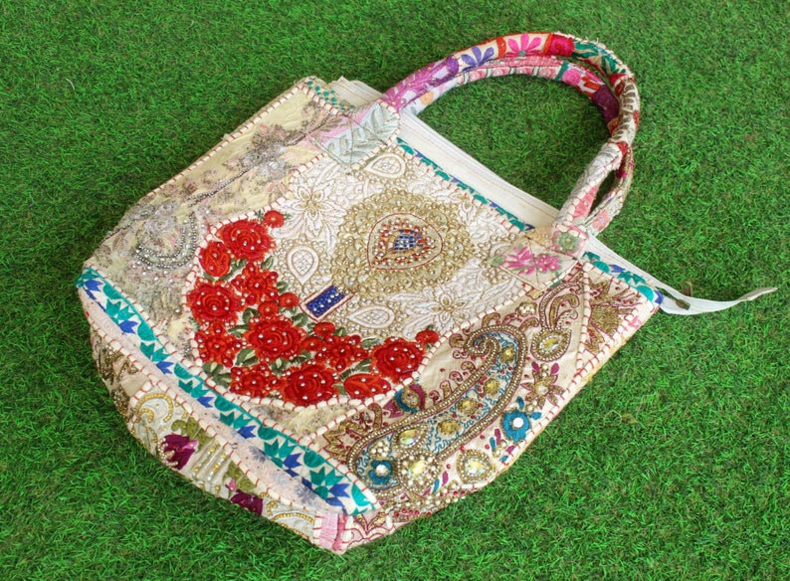 White Indian Bag Bead Work Hand Embroidered Bag Vintage Etsy